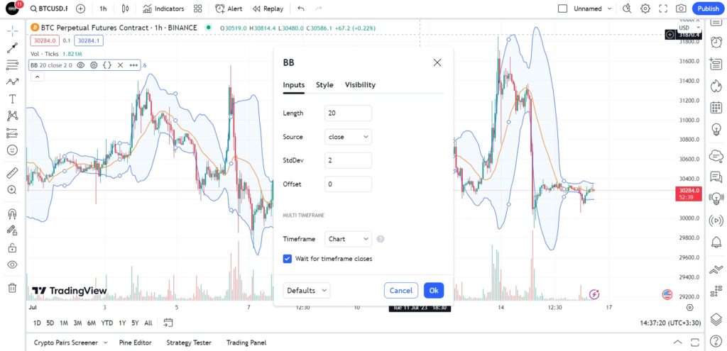 تنظیمات اندیکاتور باند بولینگر در تریدینگ ویو