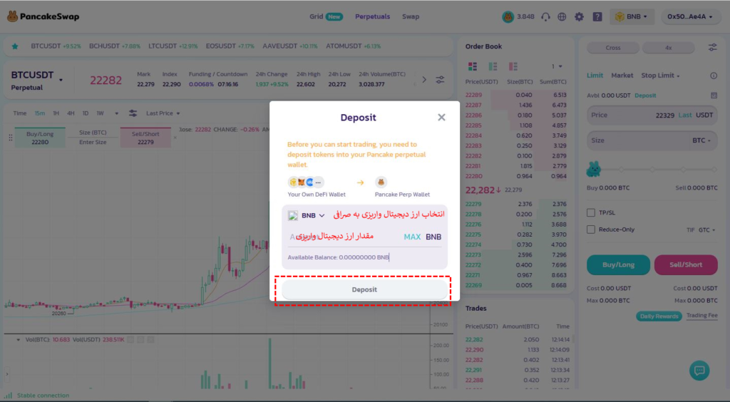 اتصال کیف پول متامسک به صرافی پنکیک سواپ و انجام معاملات پرپچوال (perpetual)