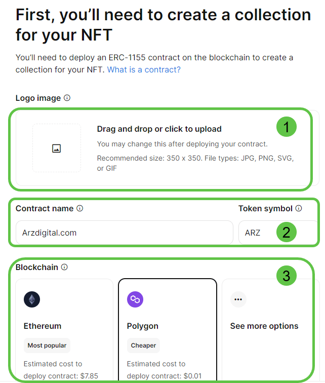 فرم ایجاد NFT در اوپن‌سی