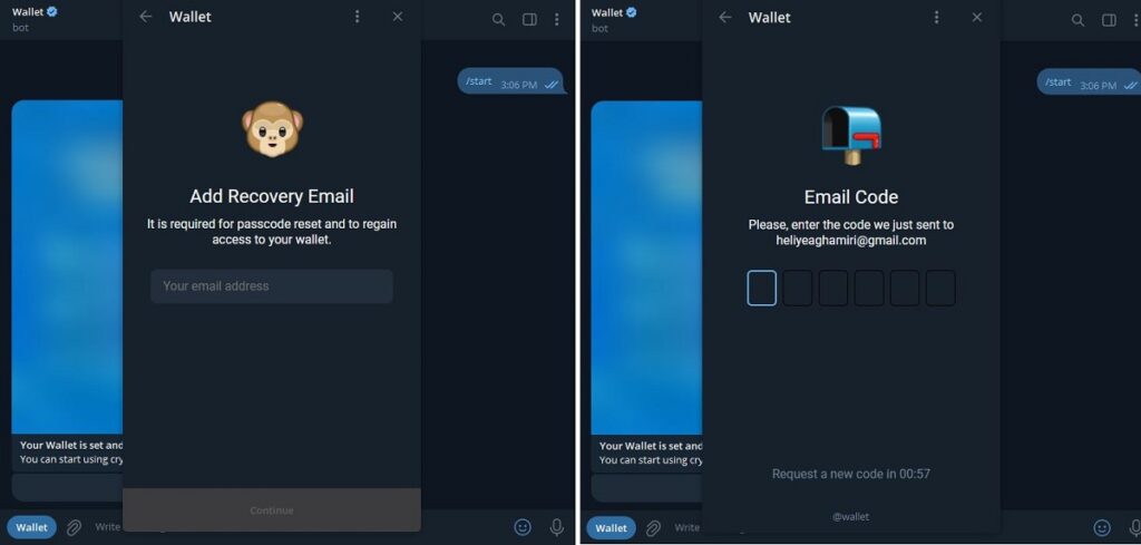 تنظیم رمز و ایمیل برای telegram wallet