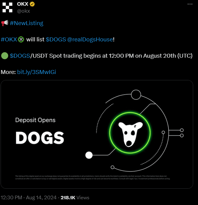 اطلاعیه صرافی OKX درباره توکن داگز
